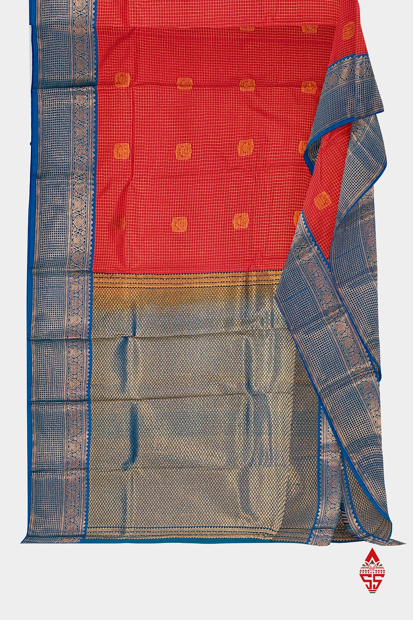 Red Checks Semi Silk Saree With Ramar Blue Border