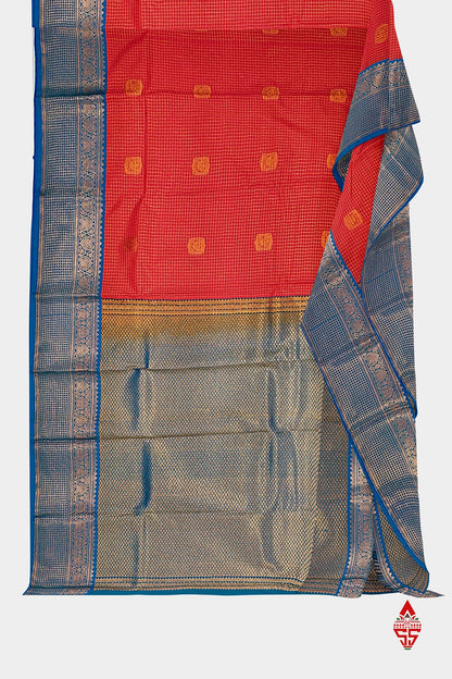 Red Checks Semi Silk Saree With Ramar Blue Border