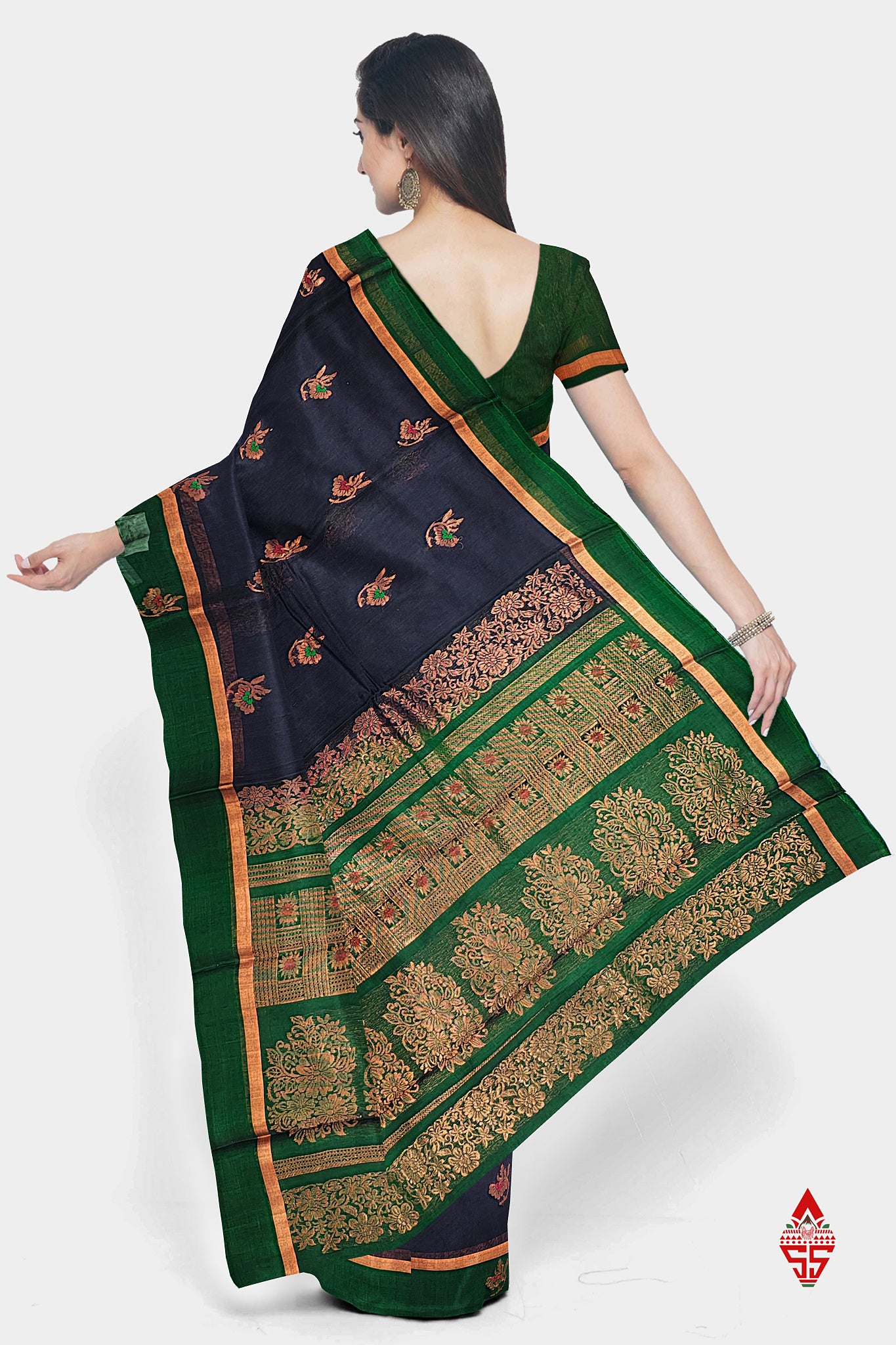 Dark Navy Blue Beautiful SICO Cotton Saree With Bottle Green Border