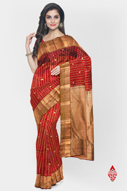 Kanjivaram Maroon Checks Silk Saree With Blouse