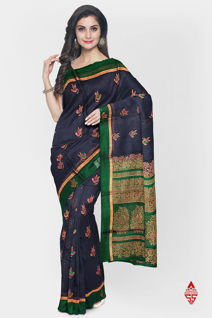 Dark Navy Blue Beautiful SICO Cotton Saree With Bottle Green Border