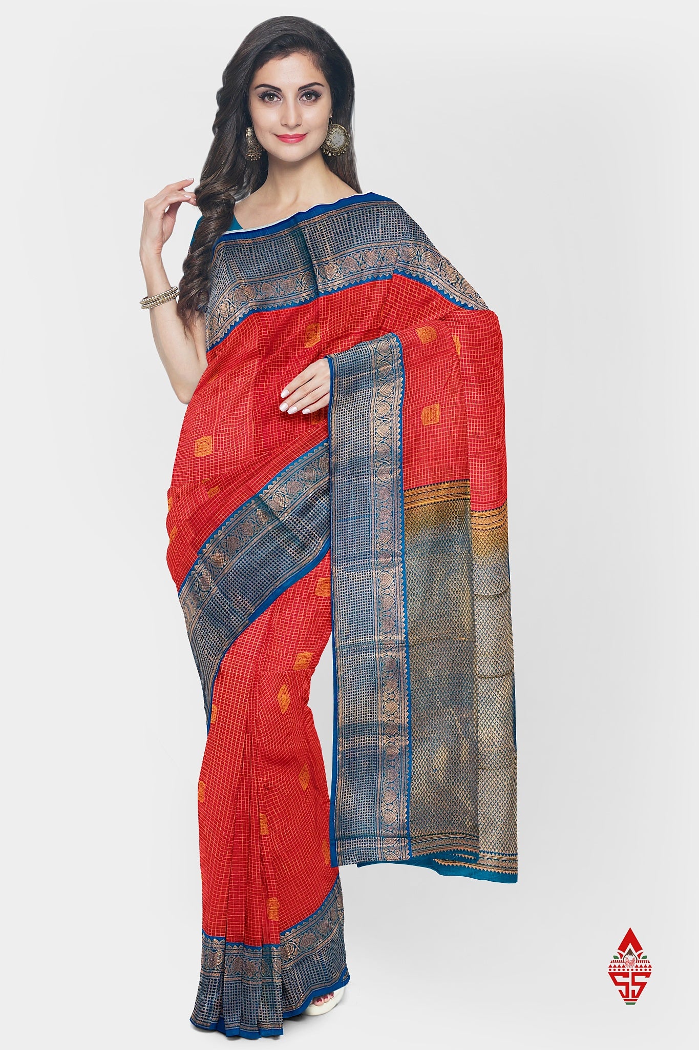 Red Checks Semi Silk Saree With Ramar Blue Border
