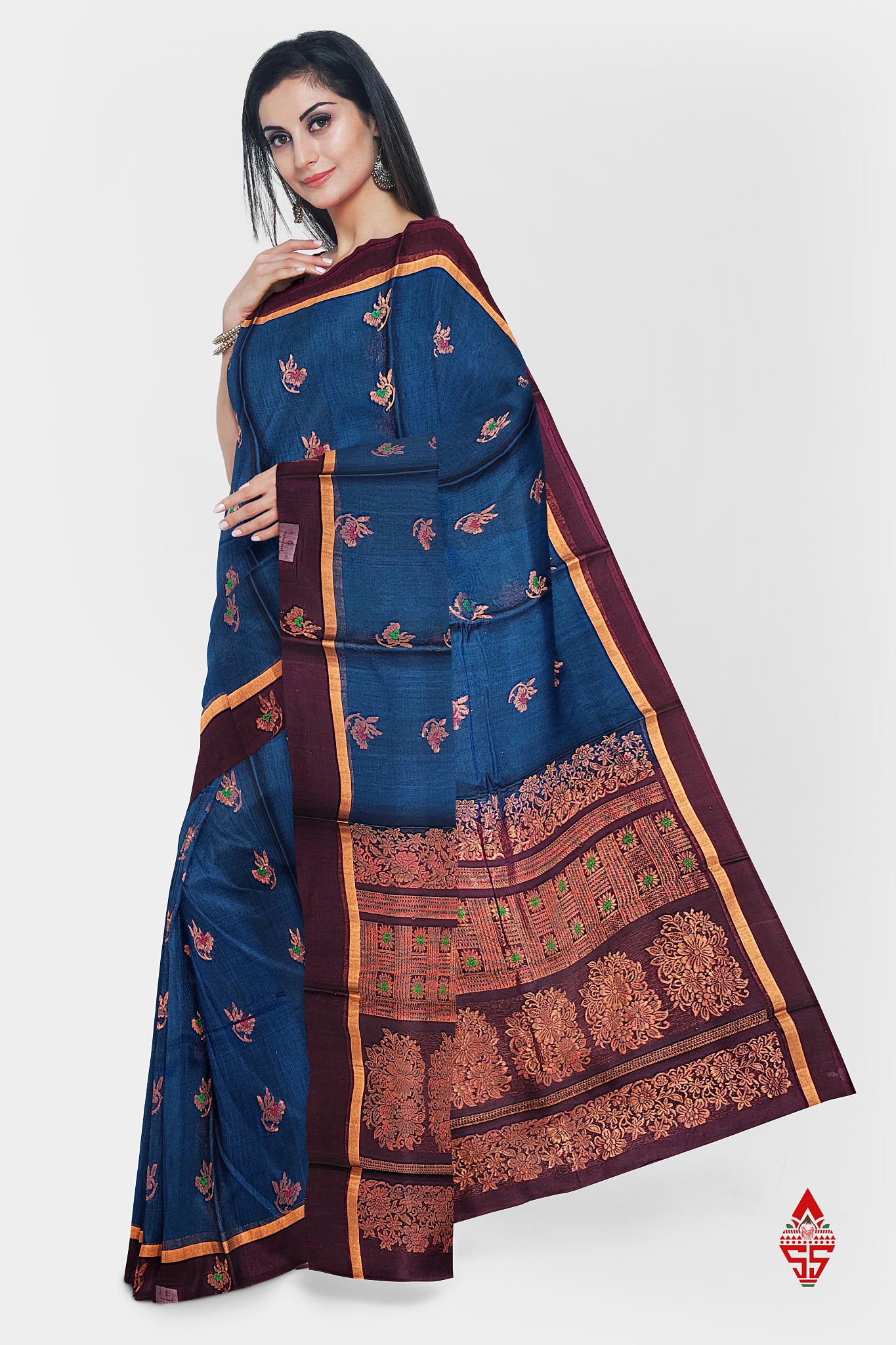 Olive Blue Beautiful SICO Cotton Saree With Violet Border