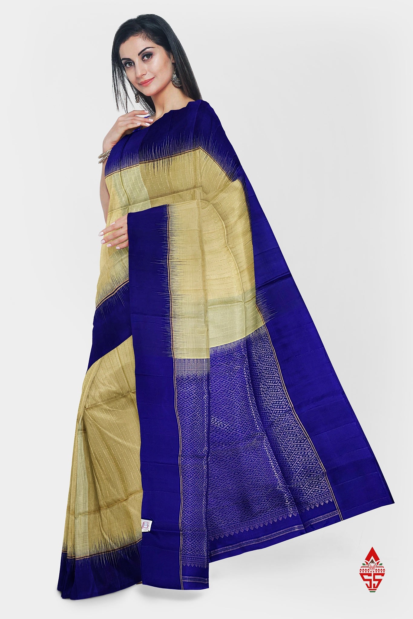Sandal Fancy Pure Soft Silk Saree With Royal Blue Border