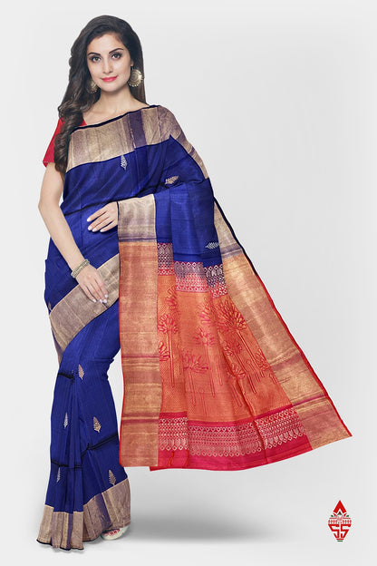Royal Blue Fancy Pure Soft Silk Saree With Copper Zari Border