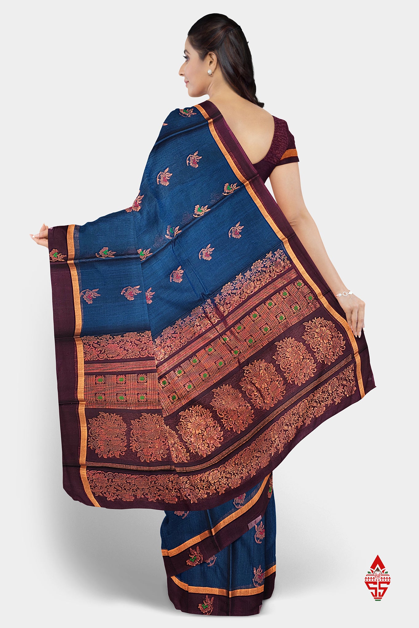 Olive Blue Beautiful SICO Cotton Saree With Violet Border