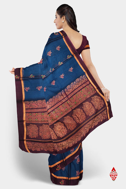 Olive Blue Beautiful SICO Cotton Saree With Violet Border