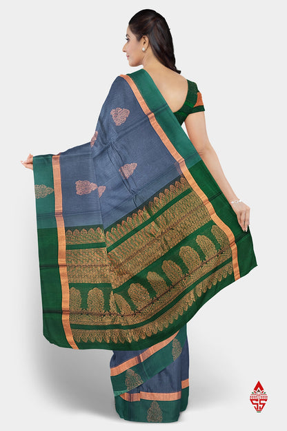 Dark Grey Beautiful SICO Cotton Saree With Green Border