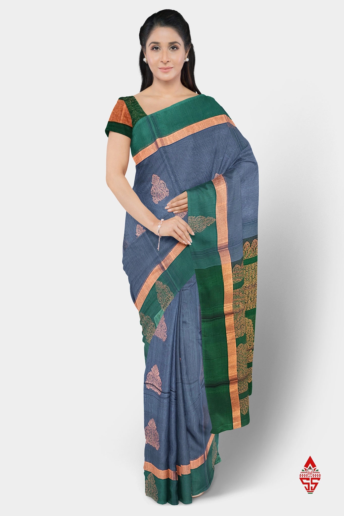 Dark Grey Beautiful SICO Cotton Saree With Green Border