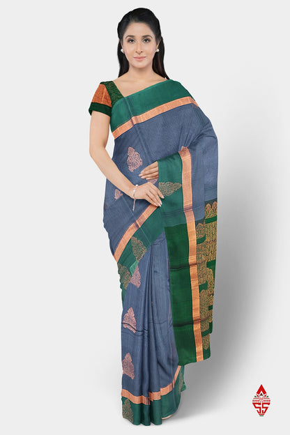 Dark Grey Beautiful SICO Cotton Saree With Green Border