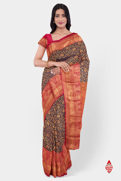 Navy Blue Grand Bridal Semi Silk Saree With Pink Border