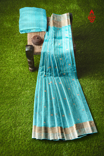 Kanjivaram Ramar Blue Checks Silk Saree With Blouse