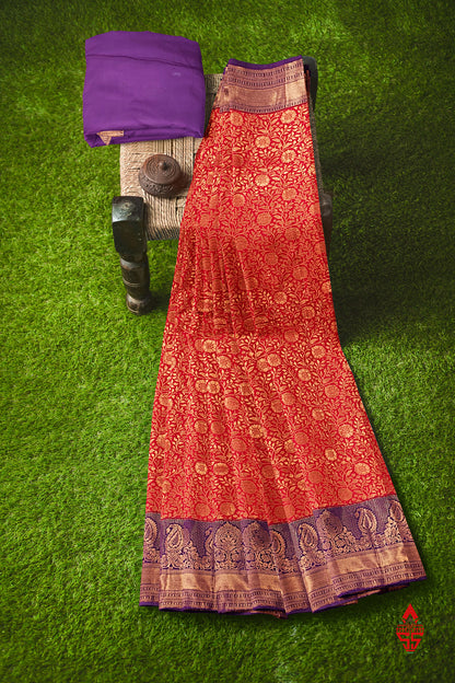 Red Bridal Grand Semi Silk Saree With Violet Border
