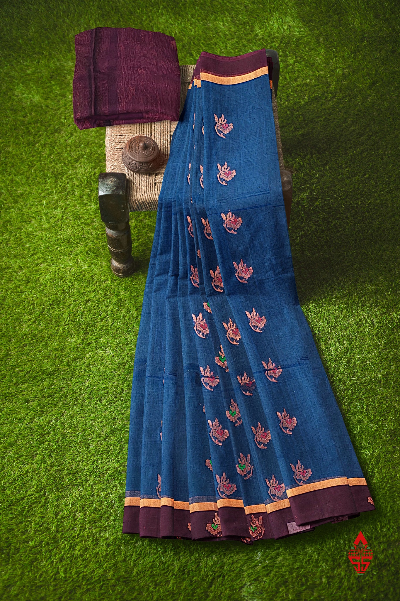 Olive Blue Beautiful SICO Cotton Saree With Violet Border