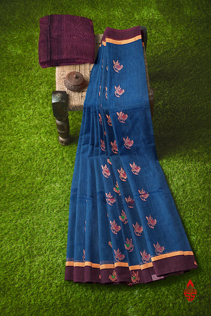 Olive Blue Beautiful SICO Cotton Saree With Violet Border