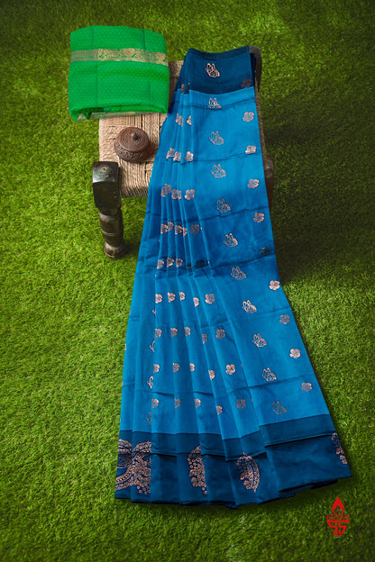 Ramar Blue Semi Soft Silk Saree With Green Border
