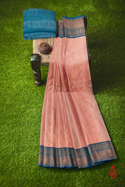 Light Peach Vairaoosi  Semi Silk Saree With Ramar Blue Border
