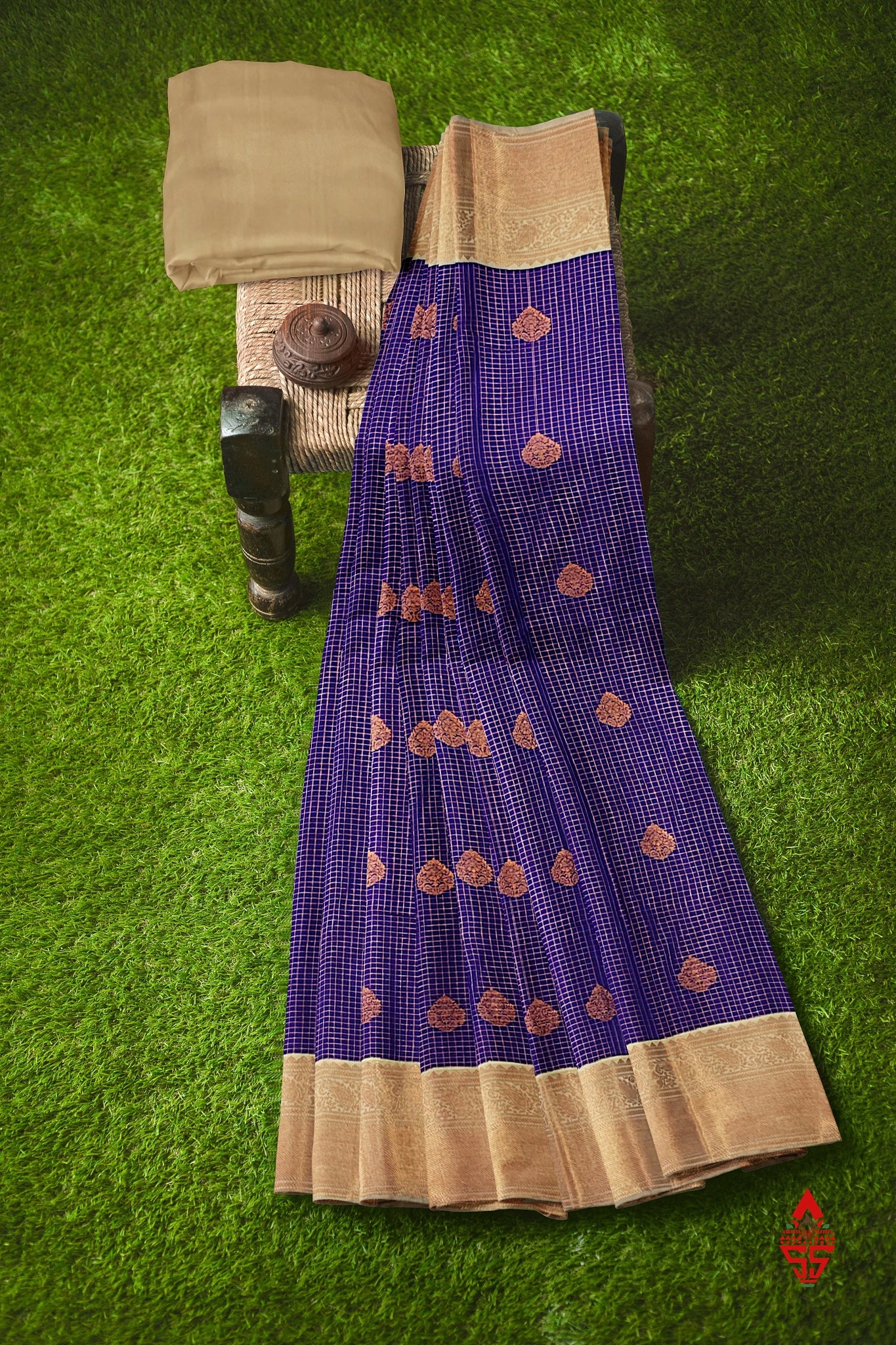 Violet Checks Semi Silk Saree With Sandal Border
