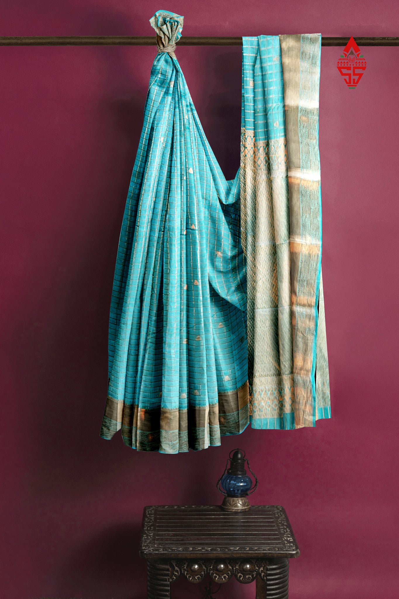 Kanjivaram Ramar Blue Checks Silk Saree With Blouse