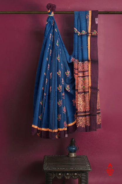 Olive Blue Beautiful SICO Cotton Saree With Violet Border