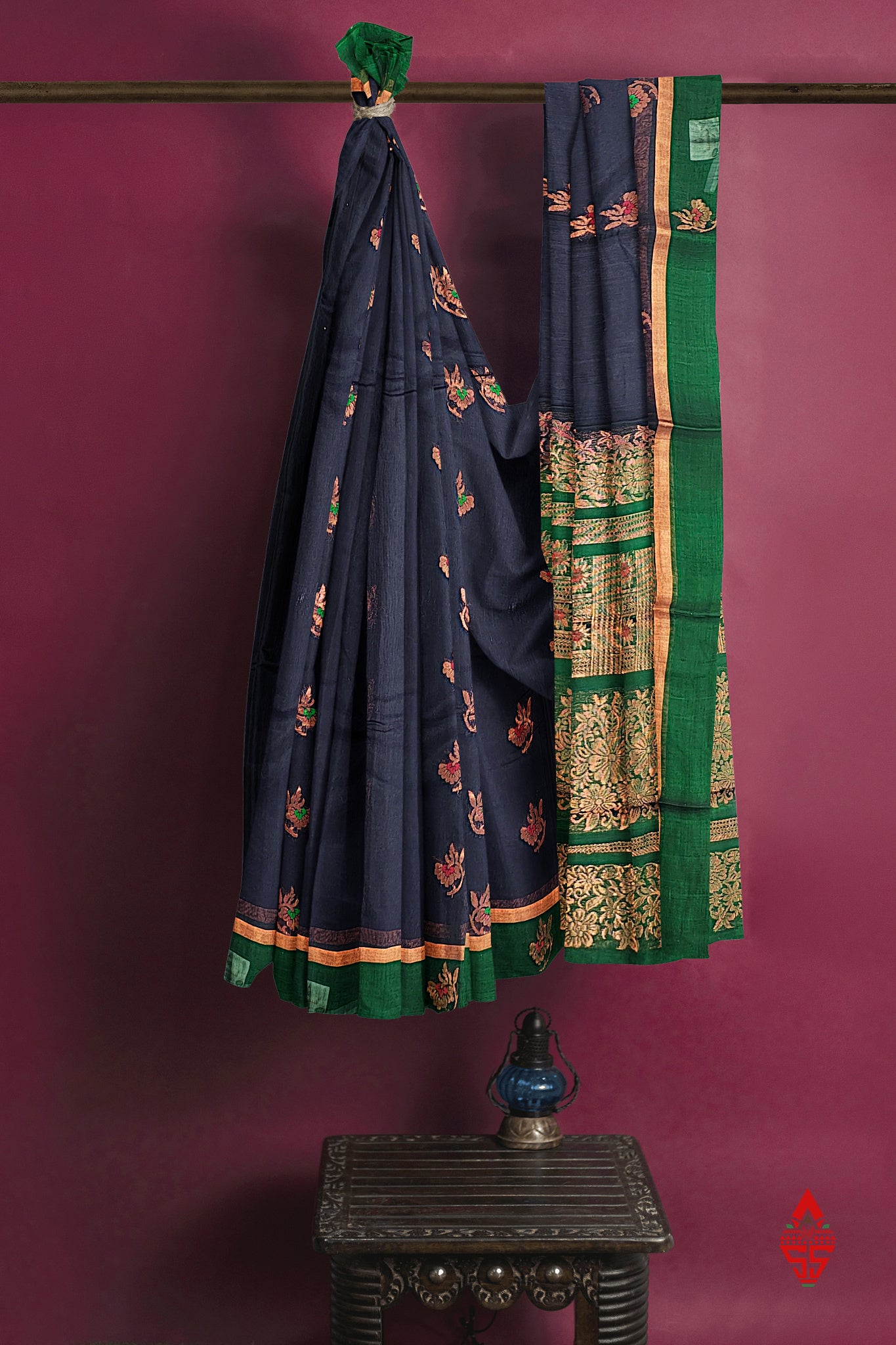 Dark Navy Blue Beautiful SICO Cotton Saree With Bottle Green Border