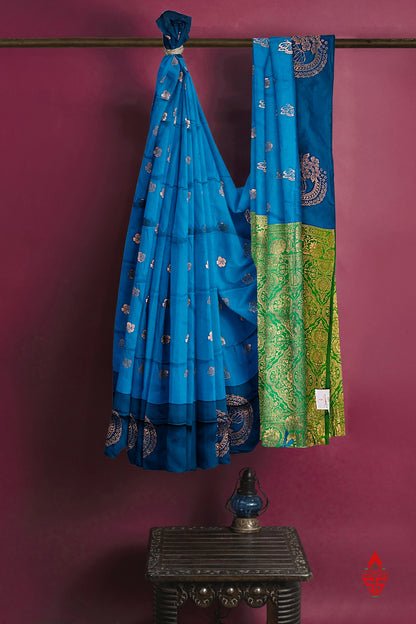 Ramar Blue Semi Soft Silk Saree With Green Border