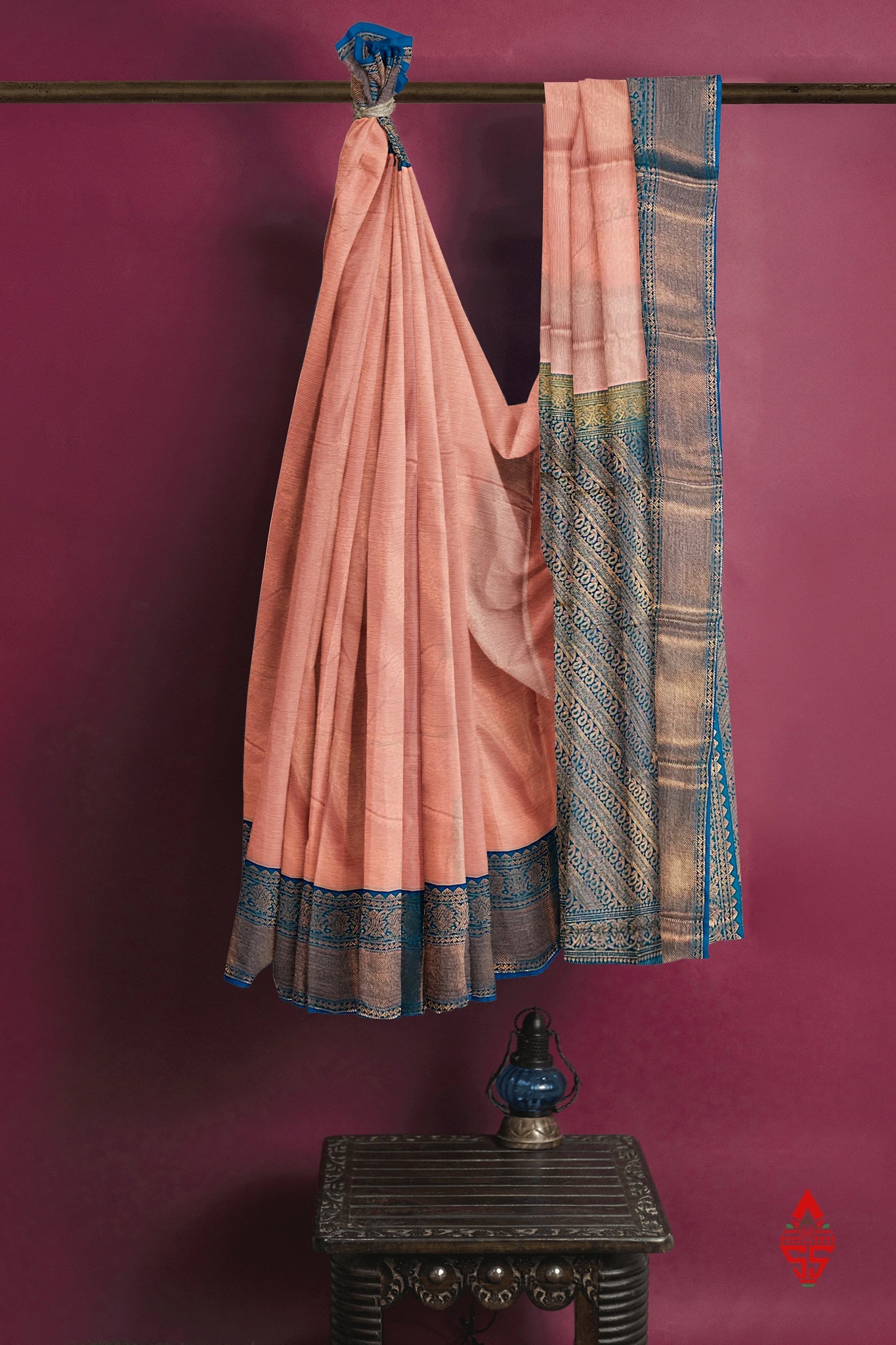 Light Peach Vairaoosi  Semi Silk Saree With Ramar Blue Border