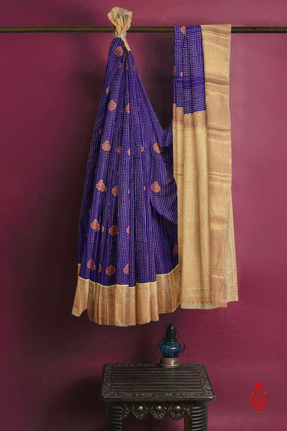Violet Checks Semi Silk Saree With Sandal Border