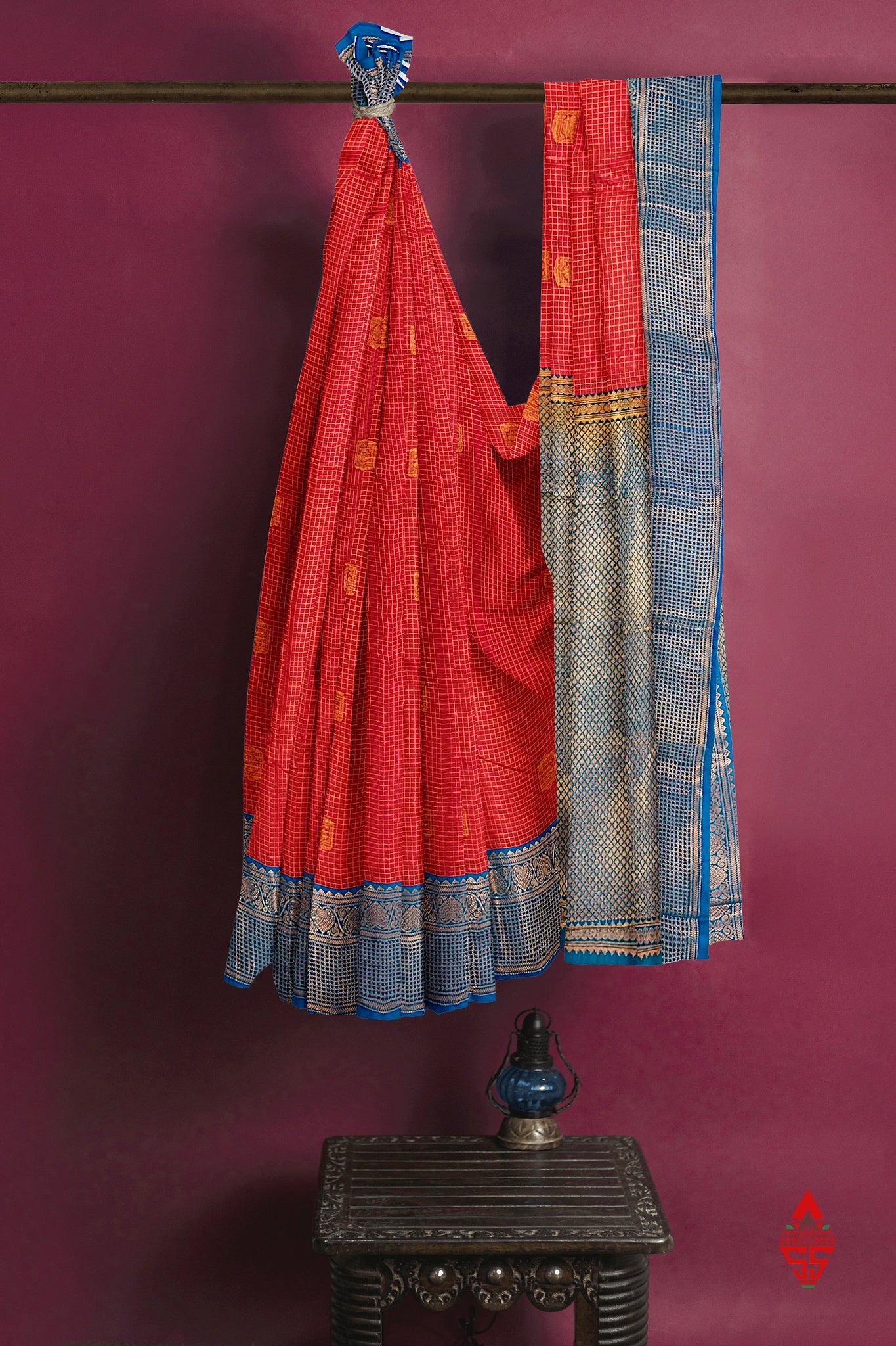 Red Checks Semi Silk Saree With Ramar Blue Border