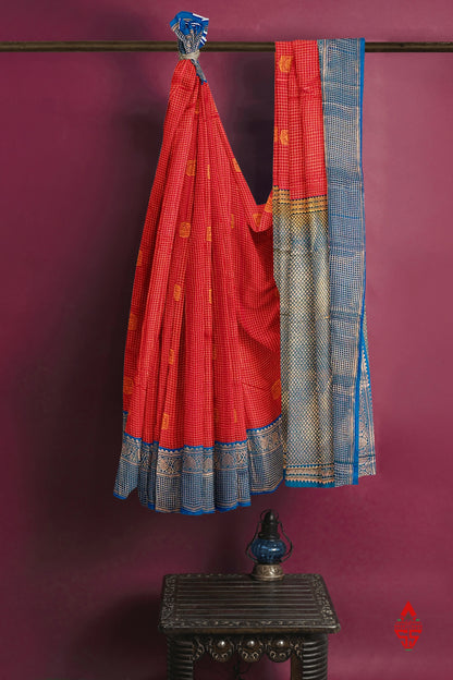 Red Checks Semi Silk Saree With Ramar Blue Border