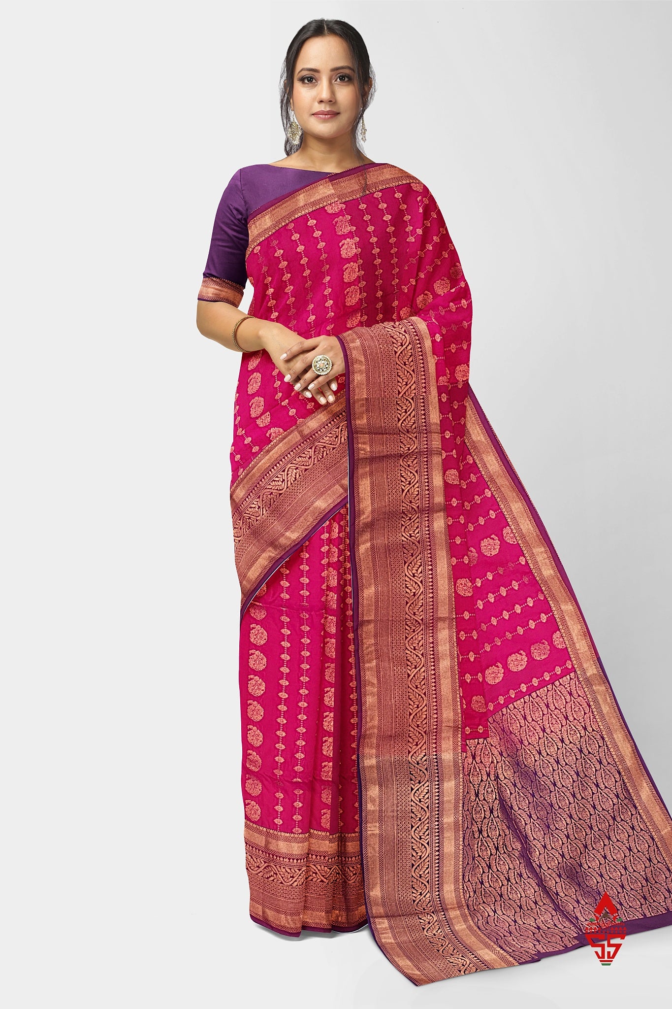 Reddish Pink Semi Soft Silk Saree With Violet Blouse