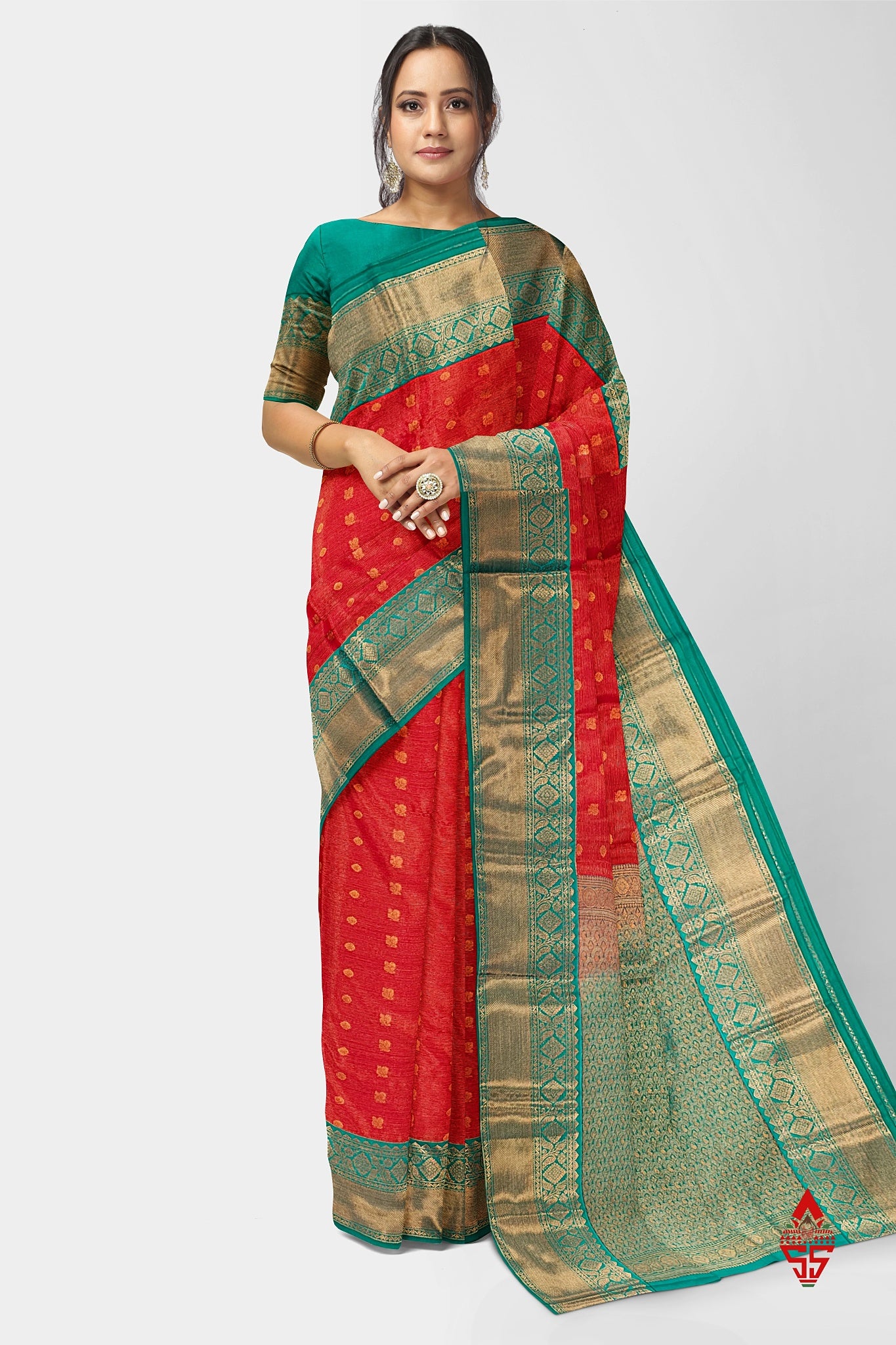 Red Vairaoosi  Semi Silk Saree With Sapphire Green Border