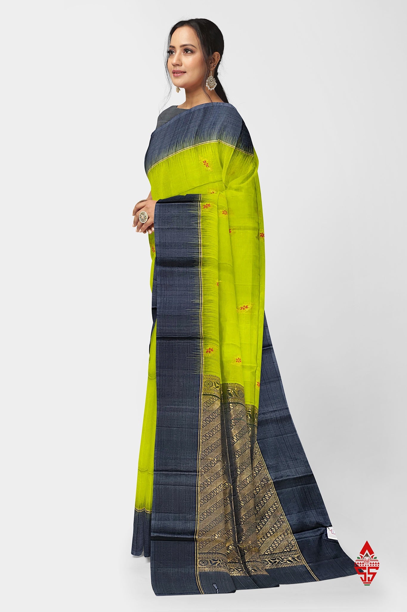 Parrot Green Fancy Pure Soft Silk Saree With Grey Border