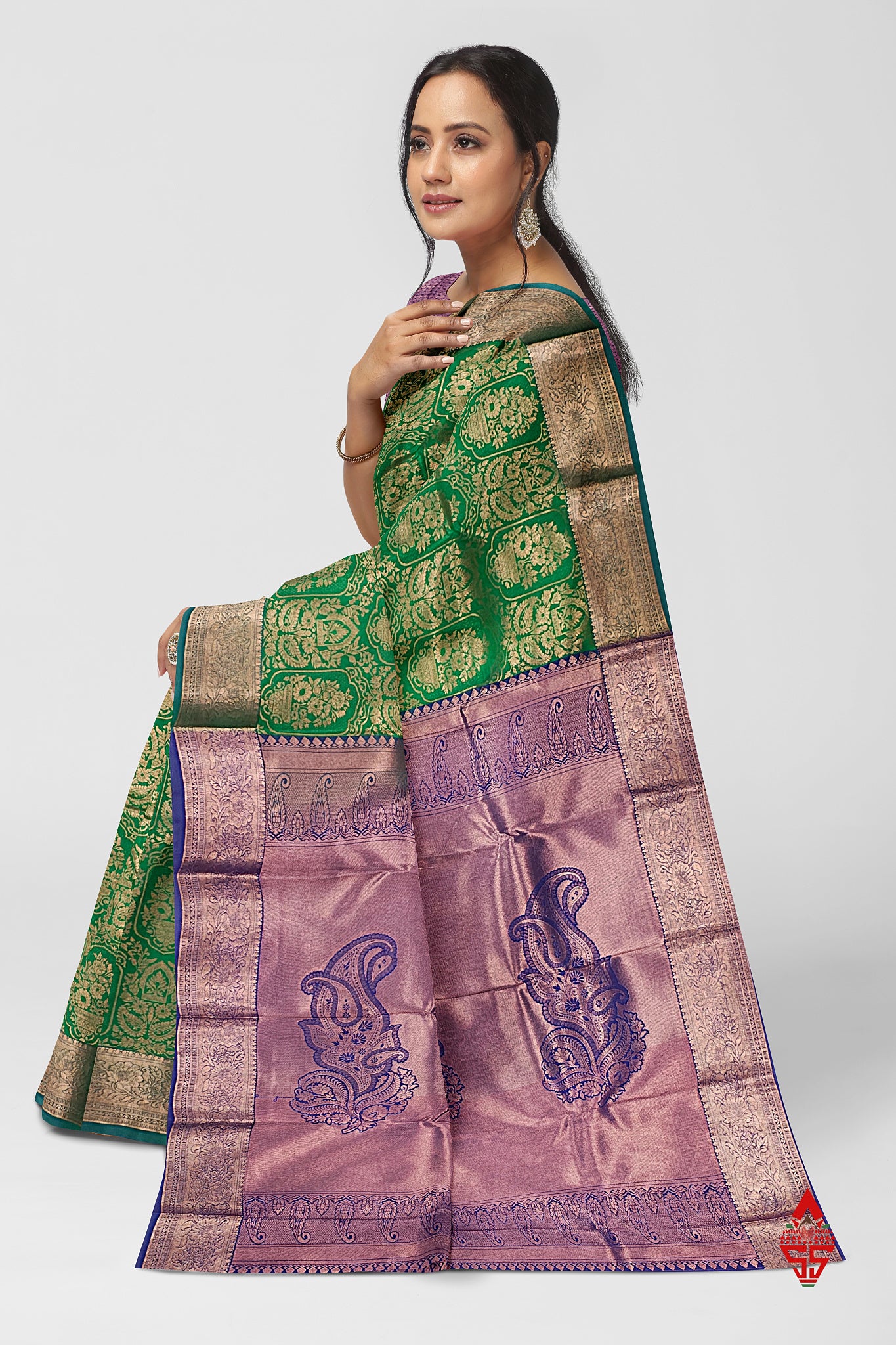 Green Grand Semi Silk Saree With Royal Blue Designer Blouse