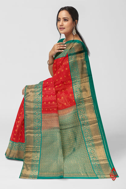 Red Vairaoosi  Semi Silk Saree With Sapphire Green Border