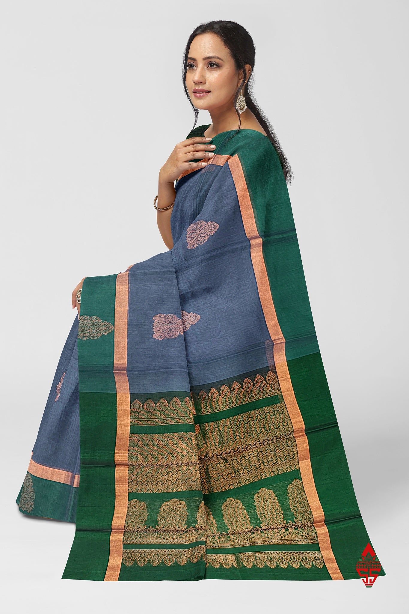 Dark Grey Beautiful SICO Cotton Saree With Green Border
