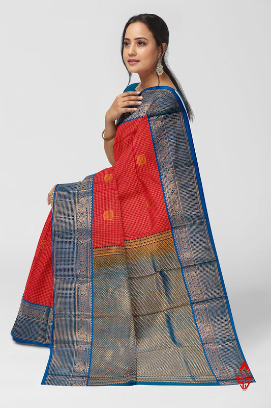 Red Checks Semi Silk Saree With Ramar Blue Border