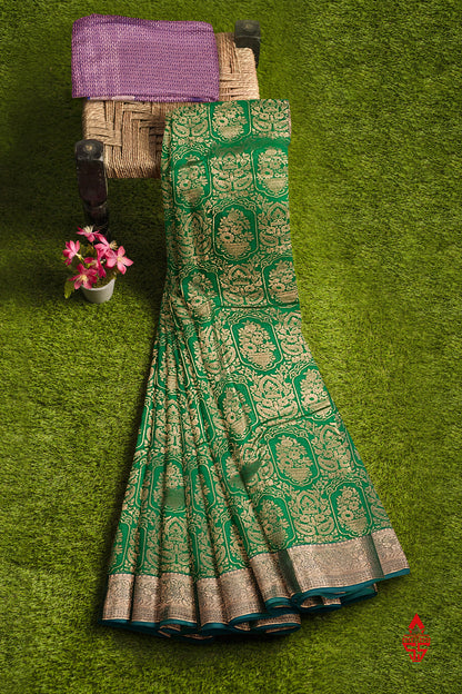 Green Grand Semi Silk Saree With Royal Blue Designer Blouse