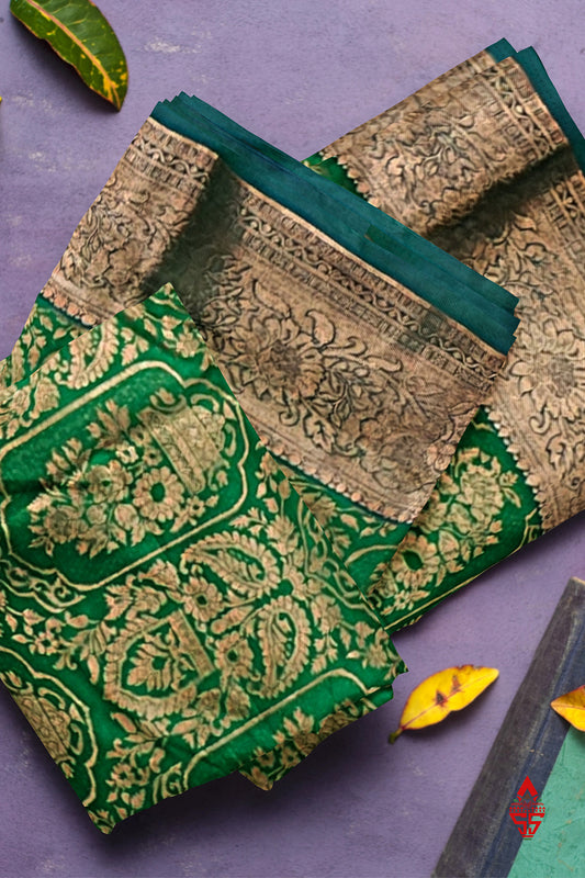 Green Grand Semi Silk Saree With Royal Blue Designer Blouse