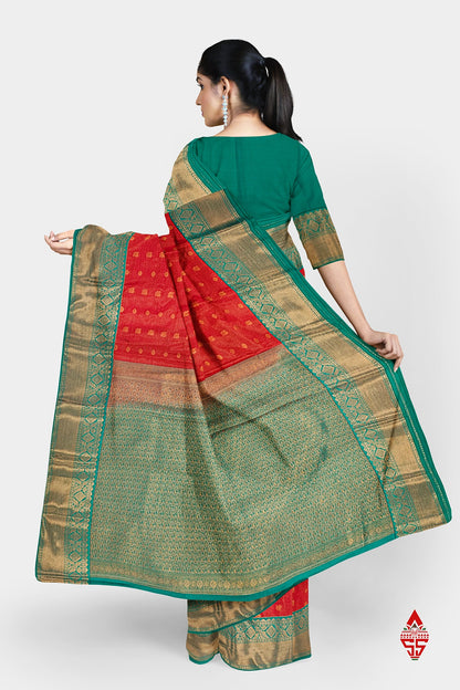 Red Vairaoosi  Semi Silk Saree With Sapphire Green Border
