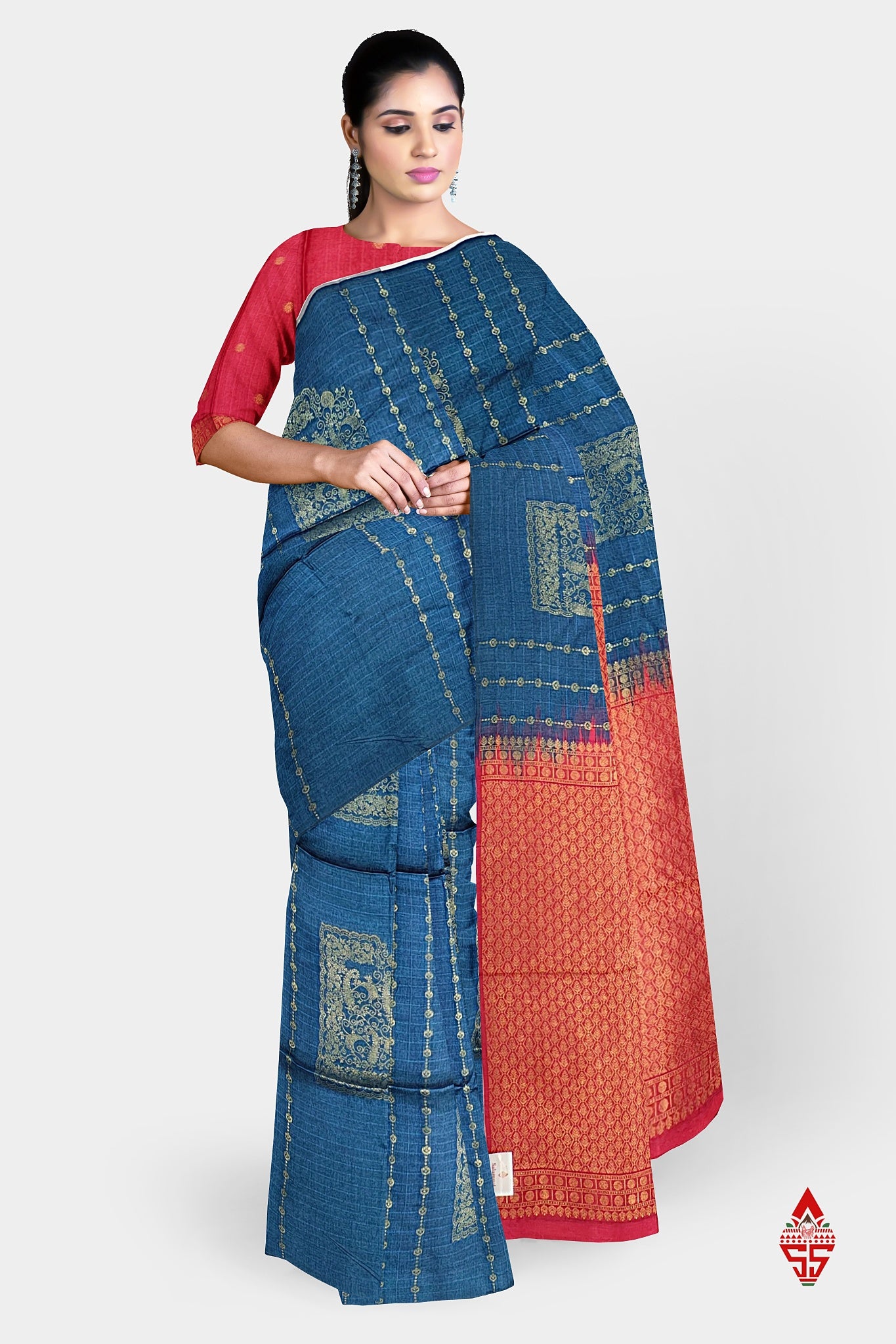 Olive Blue Beautiful Fancy Saree Without border