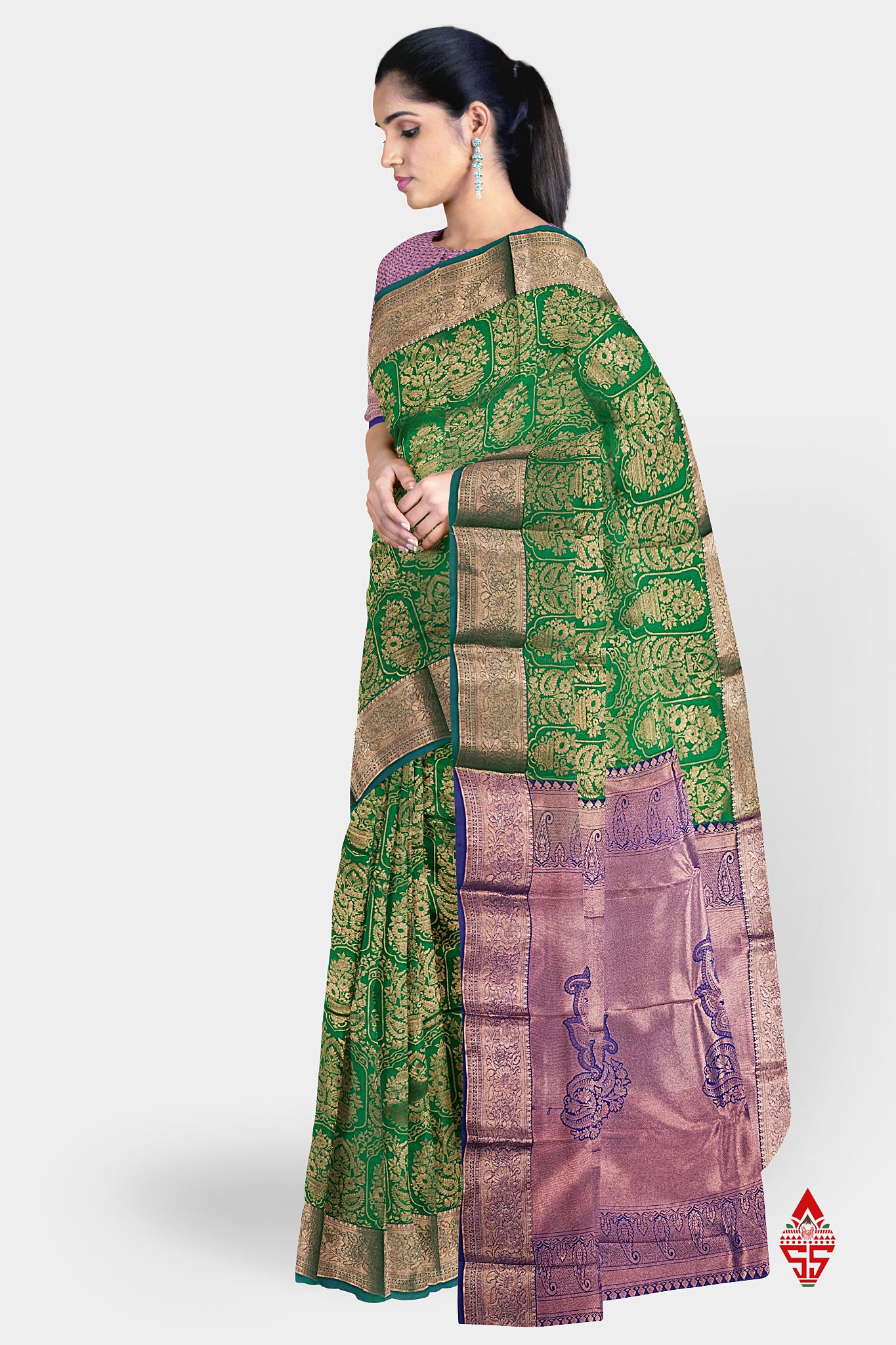 Green Grand Semi Silk Saree With Royal Blue Designer Blouse