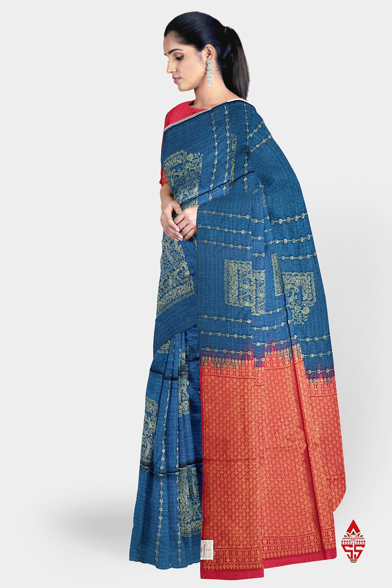 Olive Blue Beautiful Fancy Saree Without border