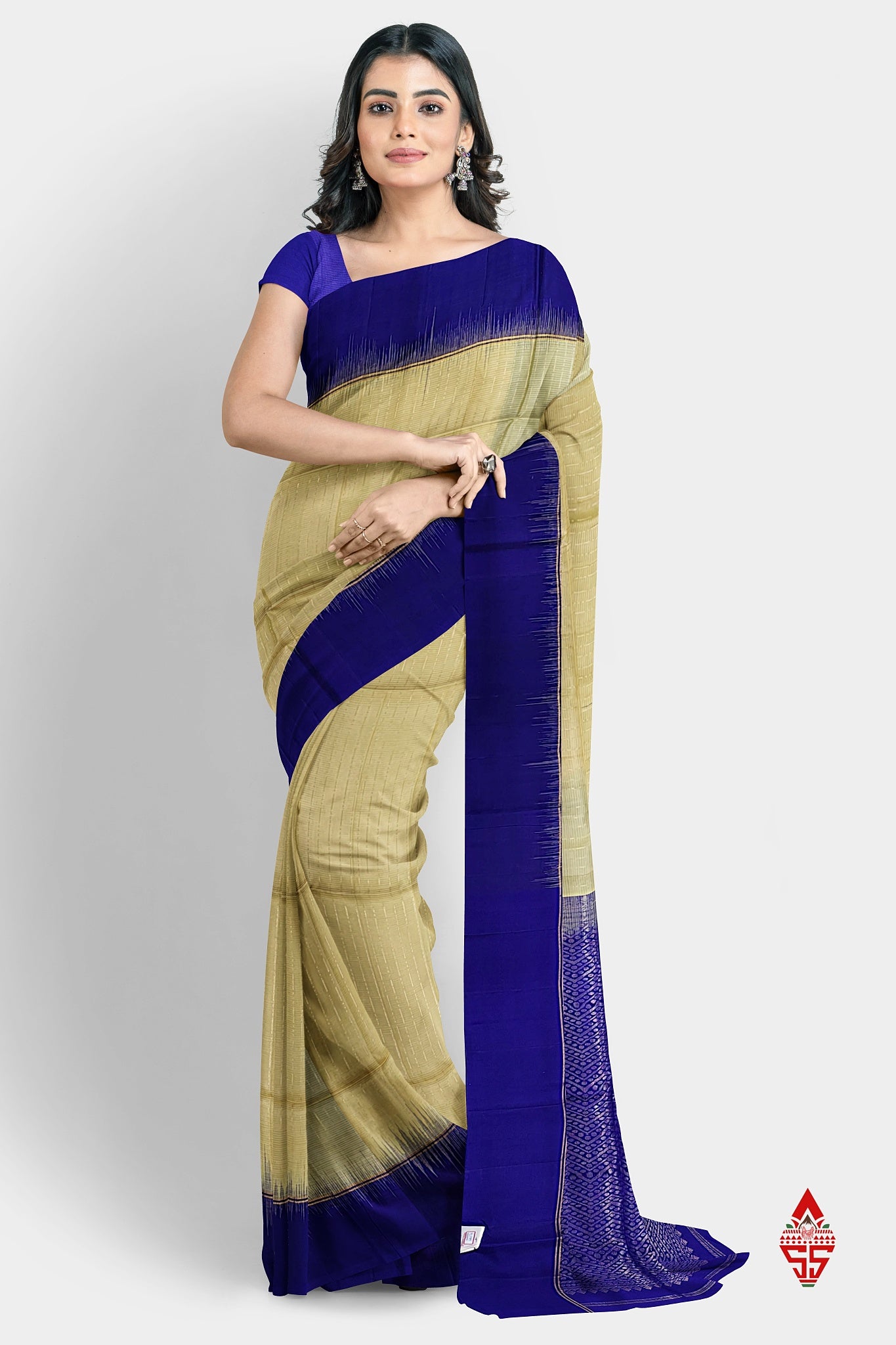 Sandal Fancy Pure Soft Silk Saree With Royal Blue Border