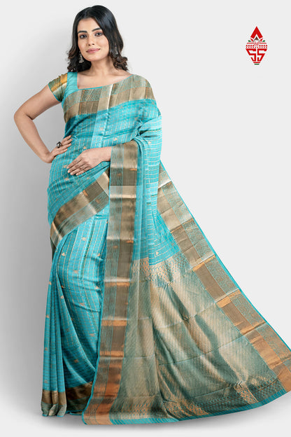 Kanjivaram Ramar Blue Checks Silk Saree With Blouse