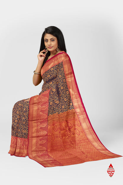 Navy Blue Grand Bridal Semi Silk Saree With Pink Border