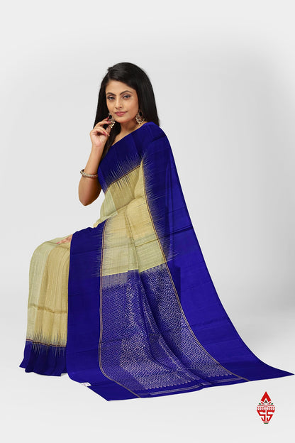 Sandal Fancy Pure Soft Silk Saree With Royal Blue Border