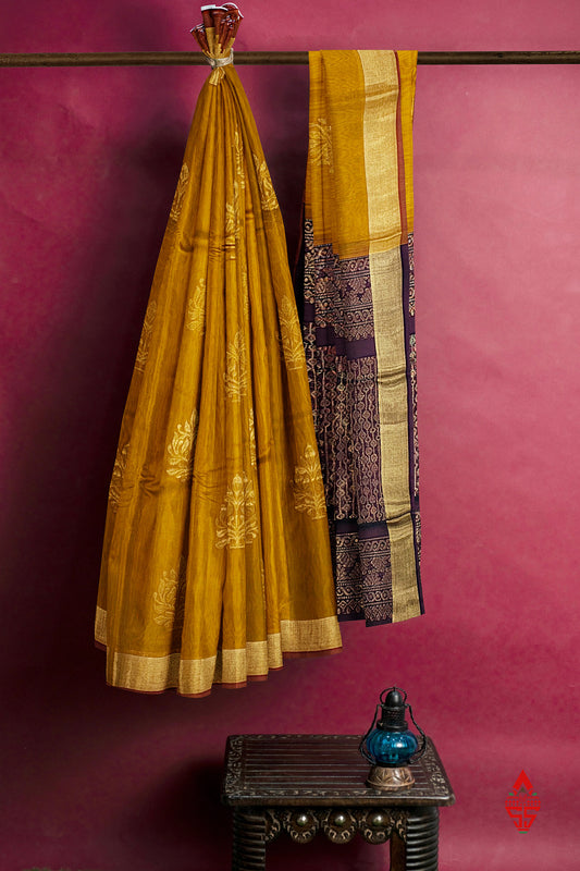 Mustard Yellow Beautiful SICO Cotton Saree With Violet Blouse