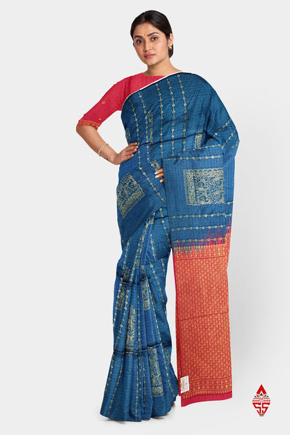Olive Blue Beautiful Fancy Saree Without border
