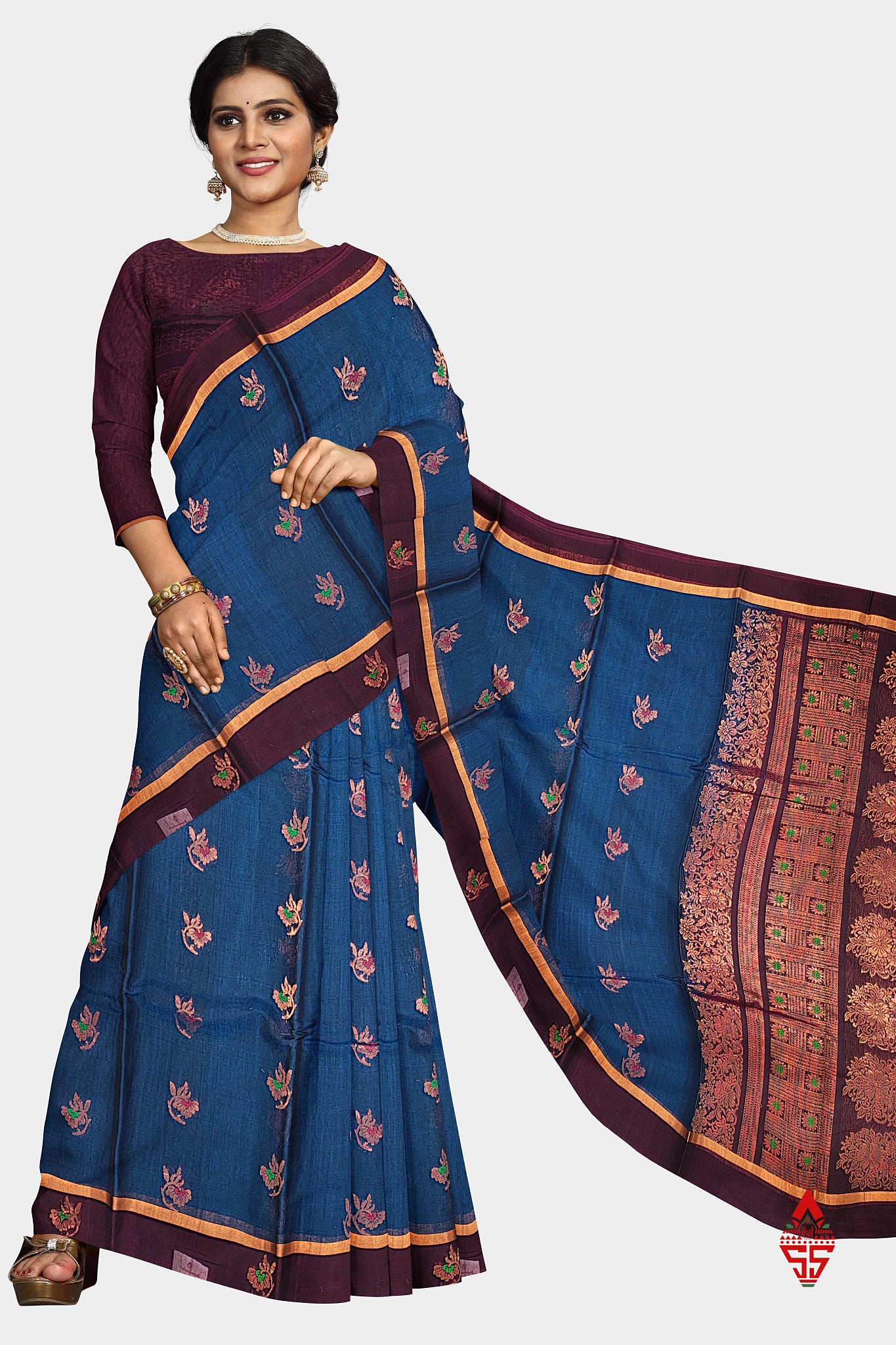 Olive Blue Beautiful SICO Cotton Saree With Violet Border